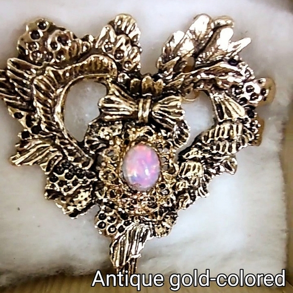 Antique Gold Ribbon Heart w/ Opal - Picture 6 of 12